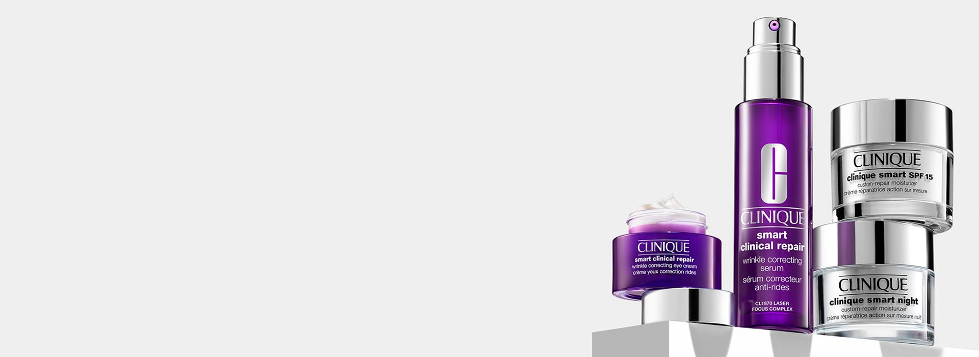 Clinique Smart™: os experts anti-idade. Na iamgem alguns produtos smart clinique.