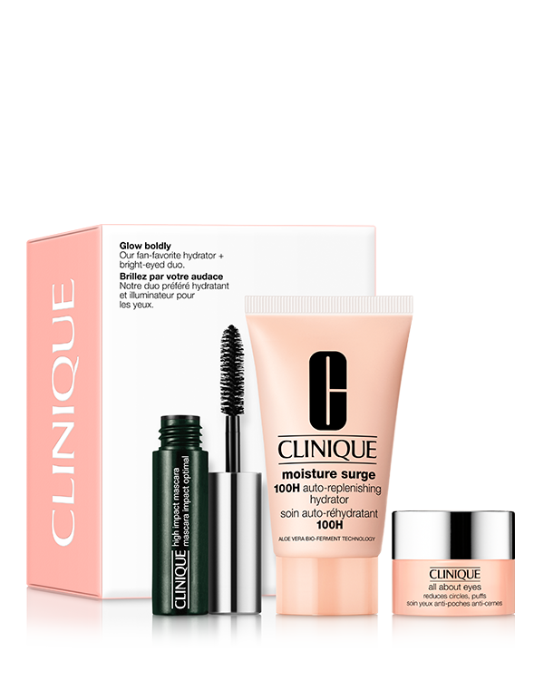 Kit para Pele Luminosa Glow Boldly, Um kit para cuidar e iluminar sua pele com o hidratante mais vendido de Clinique e dois produtos para seus olhos. Inclui o Hidratante Moisture Surge™ 100H