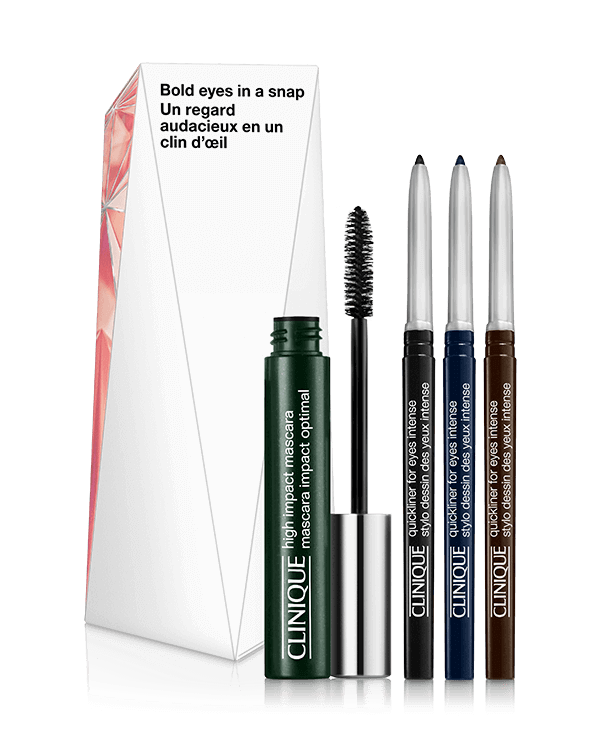 Kit de Natal Bold Eyes in a Snap, Três delineadores de olhos fáceis de usar e uma máscara de cílios indispensável em um kit exclusivo.